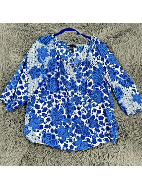 INC International Concepts Women's L Blue White Geo Floral 3/4 Sleeve Blouse Top